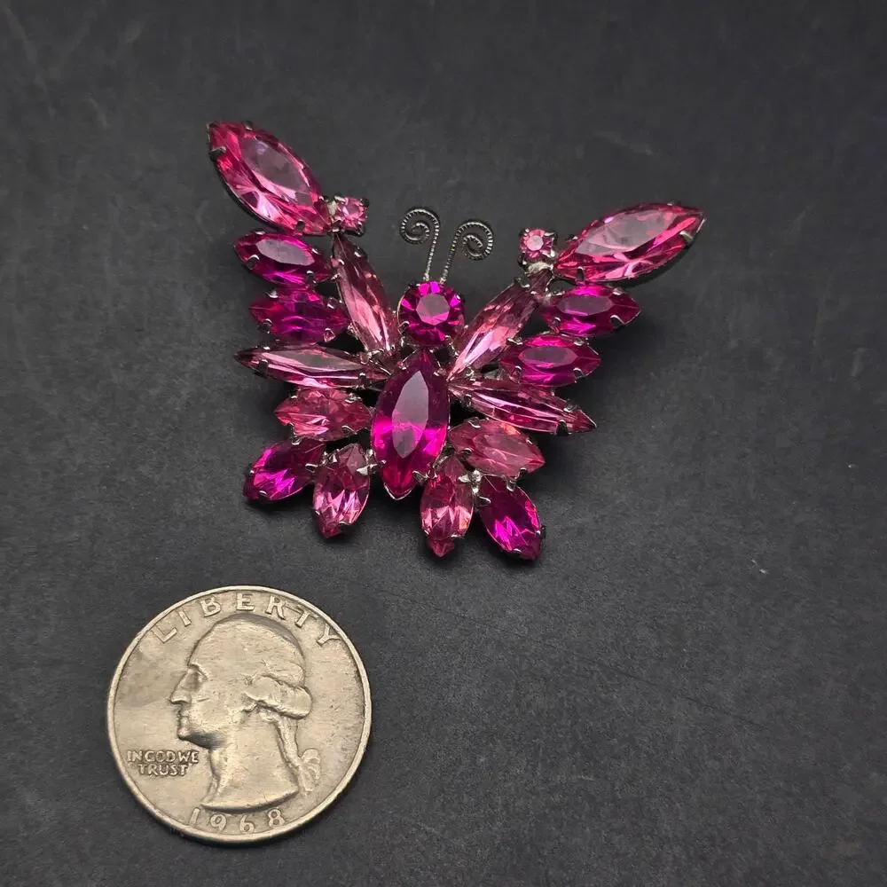 Juliana Pink Rhinestone Butterfly Brooch Vintage Verified Glam Costume Jewelry